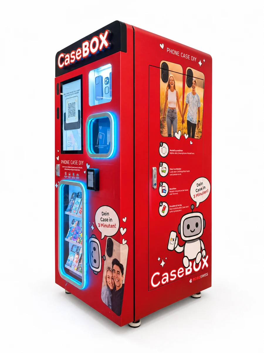 The CaseBOX machine: touchscreen, payment terminal and a display of cases.