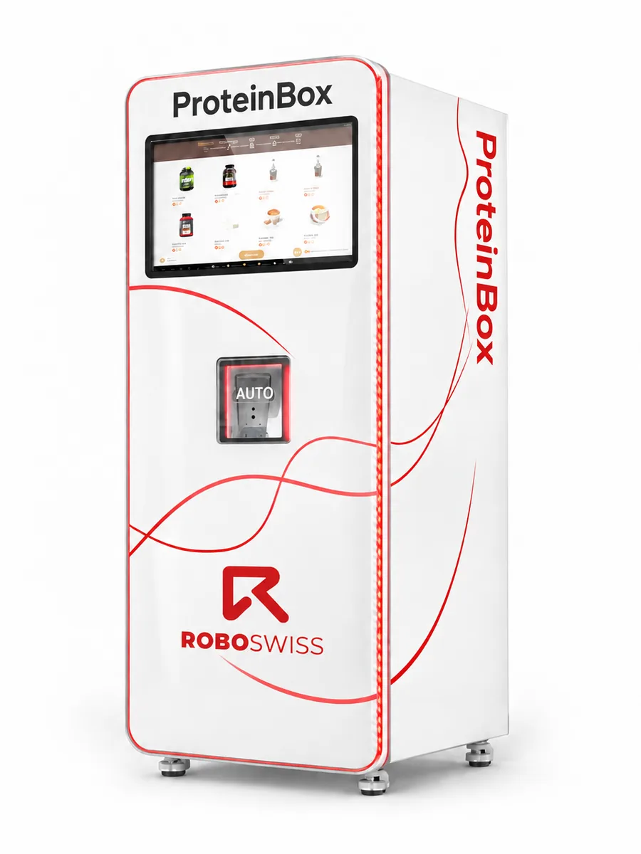 The ProteinBOX vending machine: a white body with red lines, an ordering screen, a serving hatch and the ROBOSWISS logo.